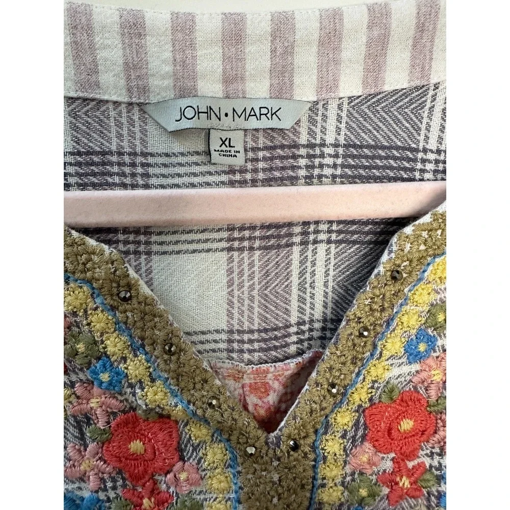 John Mark Boho Embroidered Plaid Tunic Top Lace Tassel Sleeve Blouse Womens XL - Picture 6 of 14